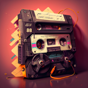 AI-generated image of an illustration of a mixtape type thing. It looks like an unholy combination of a mixtape and boombox.